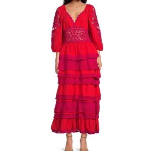 Chelsea and Violet Sierra Crochet V-Neck 3/4 Sleeve Tiered Maxi Dress